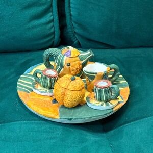 Pumpkin Tea Set Miniature Ceramic Teapot Cups Fall Decor Halloween Autumn‎